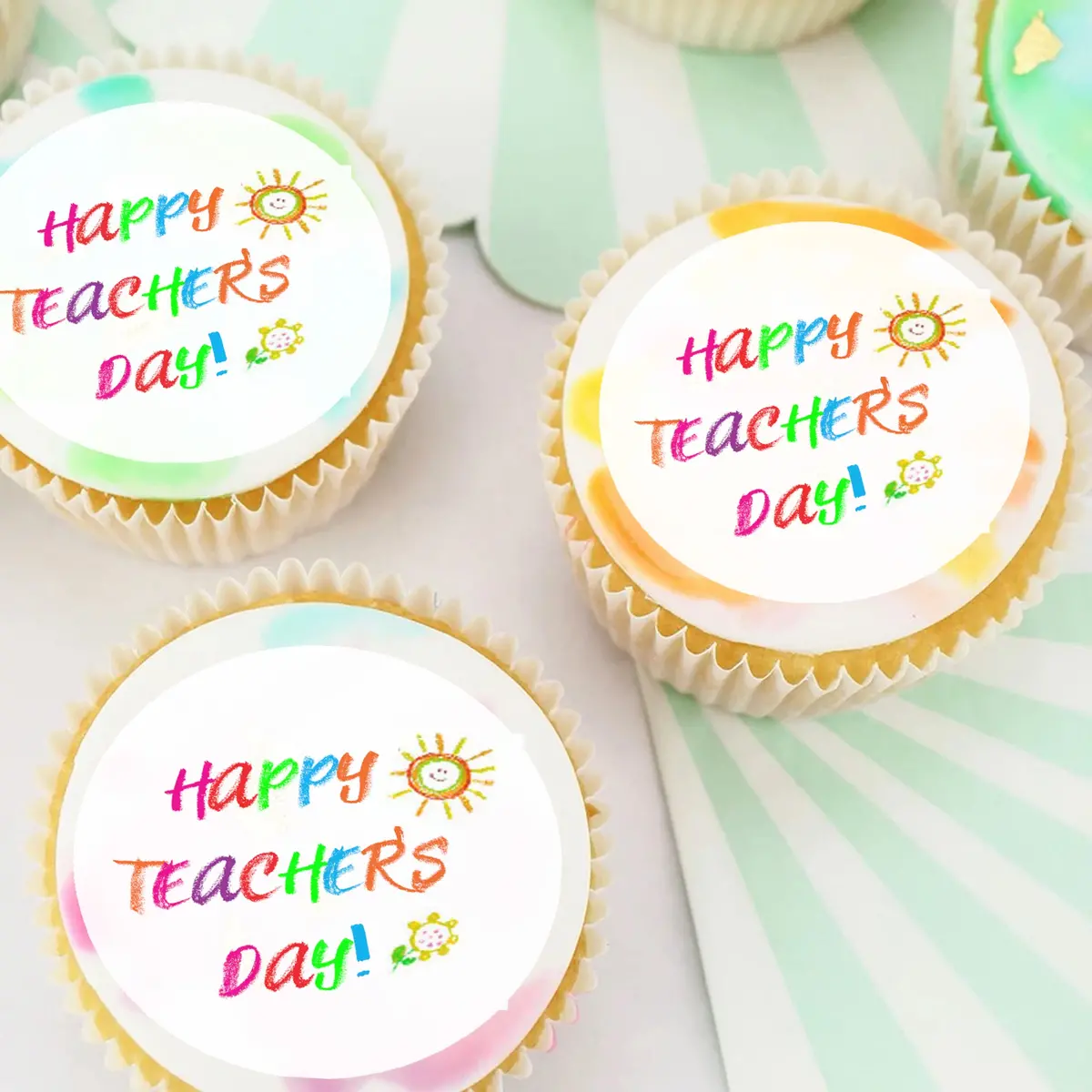 Happy Teacher Day Pre-Cut Edible Cupcake Or Cookie Toppers 1