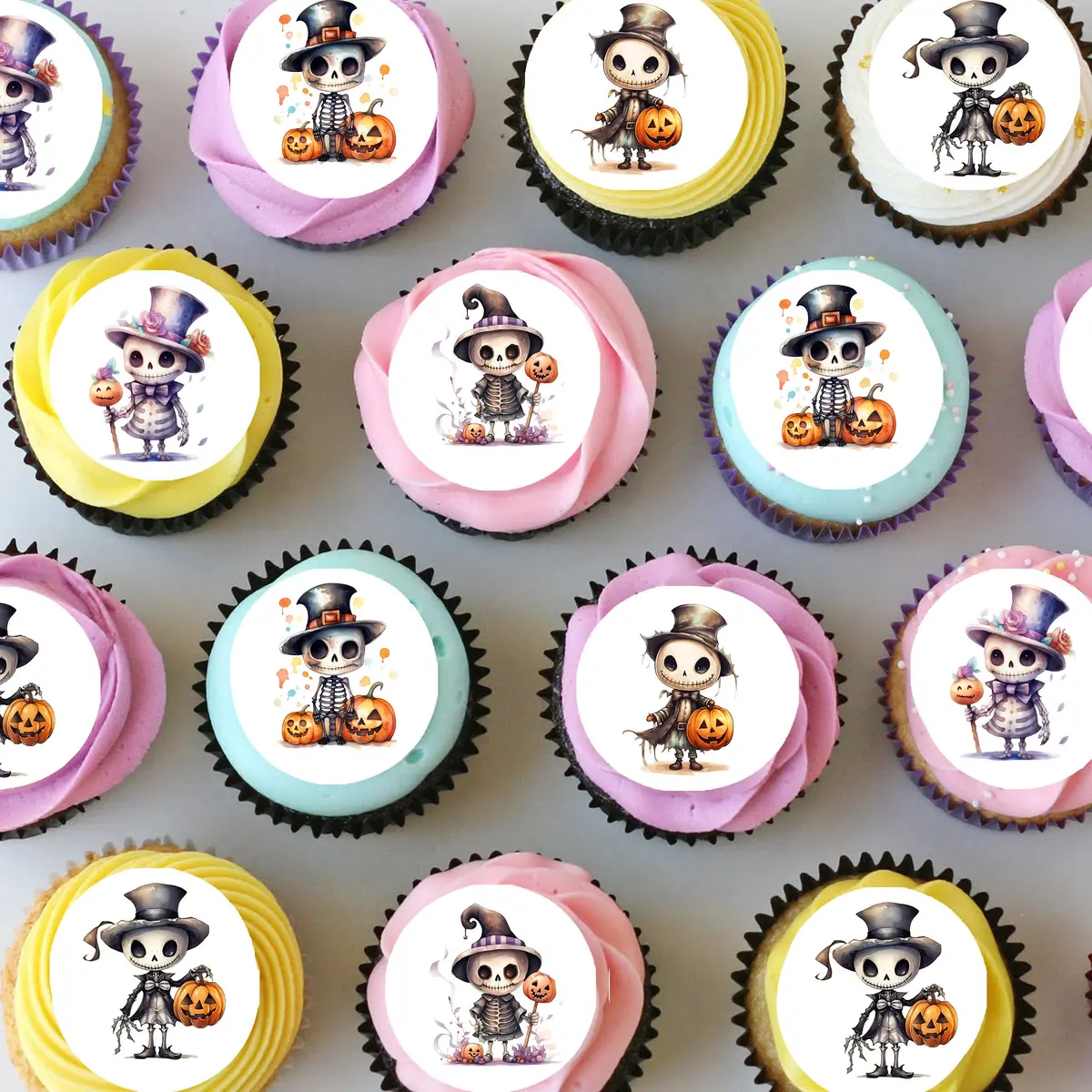 Halloween Skeleton Skull Pre-Cut Mini Edible Icing Cupcake Or Cookie Toppers 1