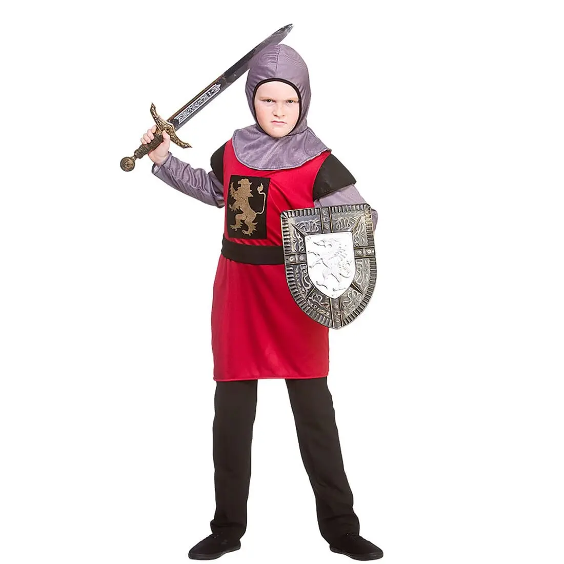 Kids Medieval Knight Costume Red Tunic Silver Hood Fancy Dress 1