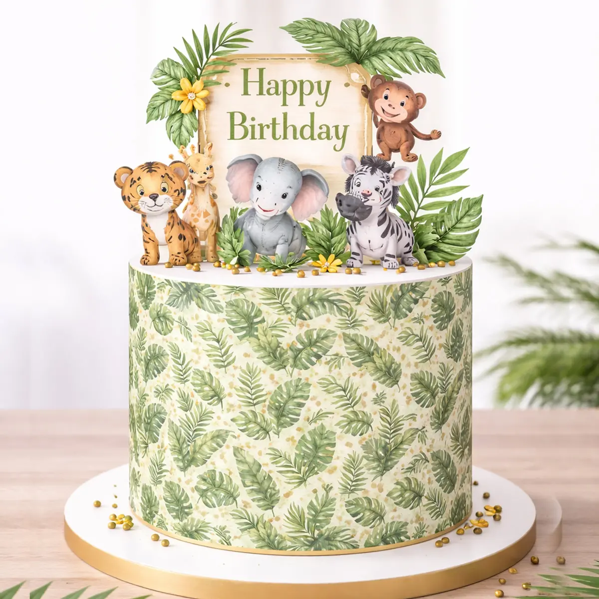 Jungle Safari Leaves Edible Icing Cake Wrap 1