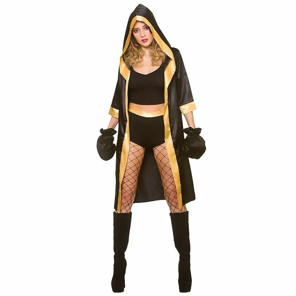Knockout Boxer Fancy Dress Costume Womens Hooded Robe Gloves 1