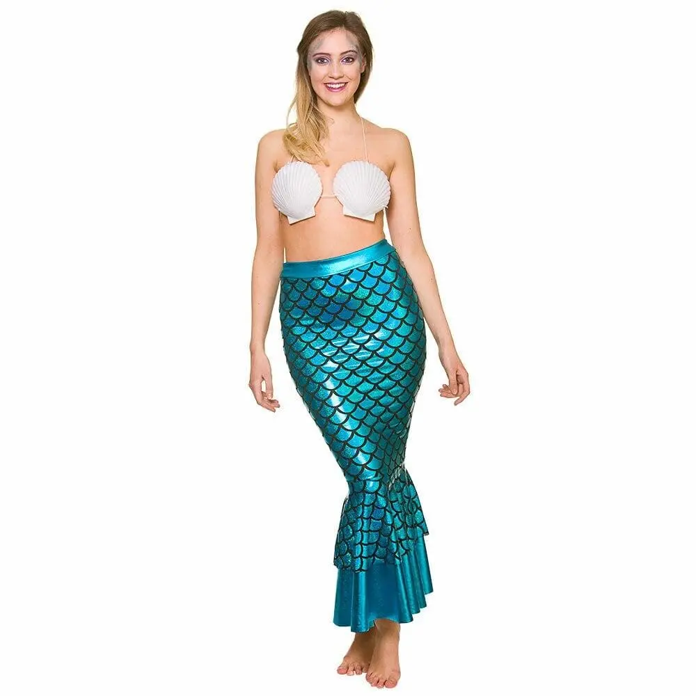 Long Blue Mermaid Skirt Fish Scales Tail Fancy Dress Costume 1