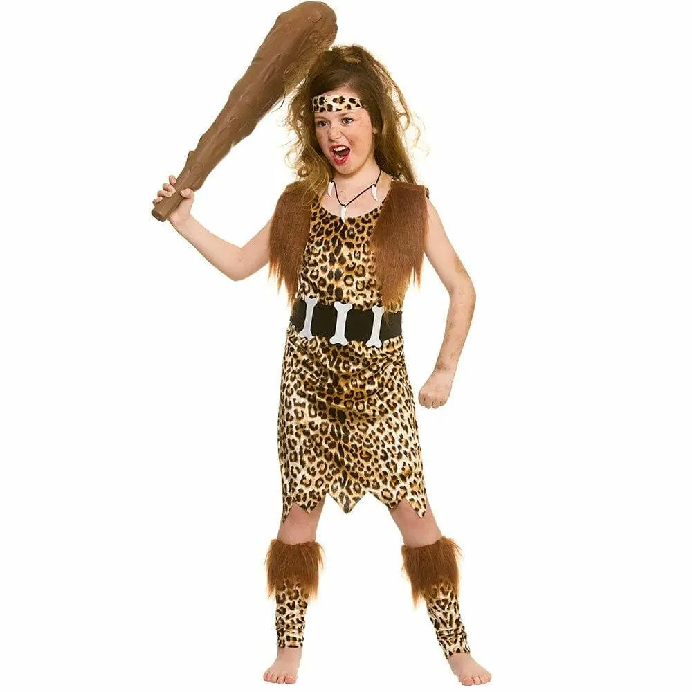 Stone Age Cave Girl Fancy Dress Costume Animal Print Tunic 1
