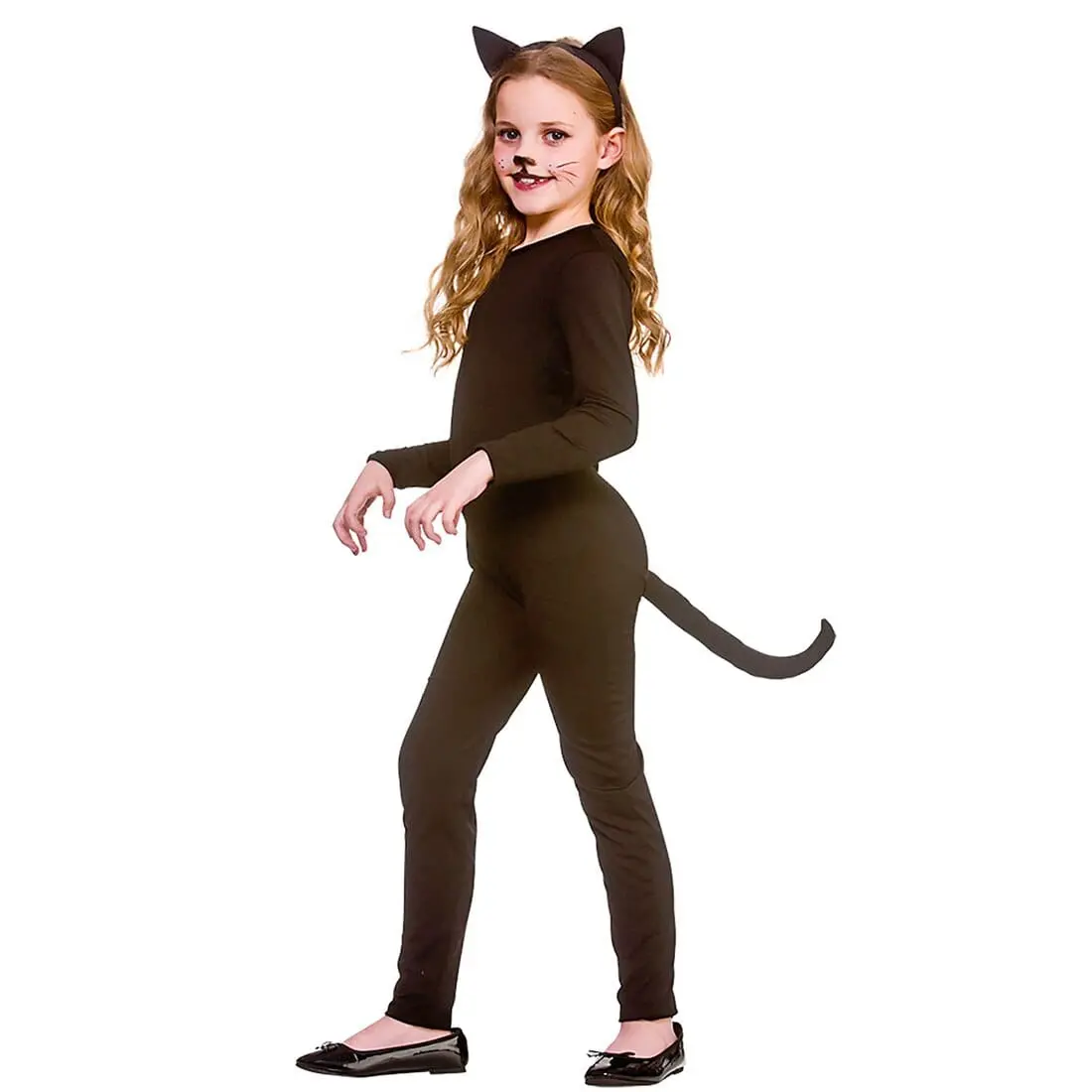 Girls Black Cat Suit Costume Fancy Dress Kitty Tail Ears 1