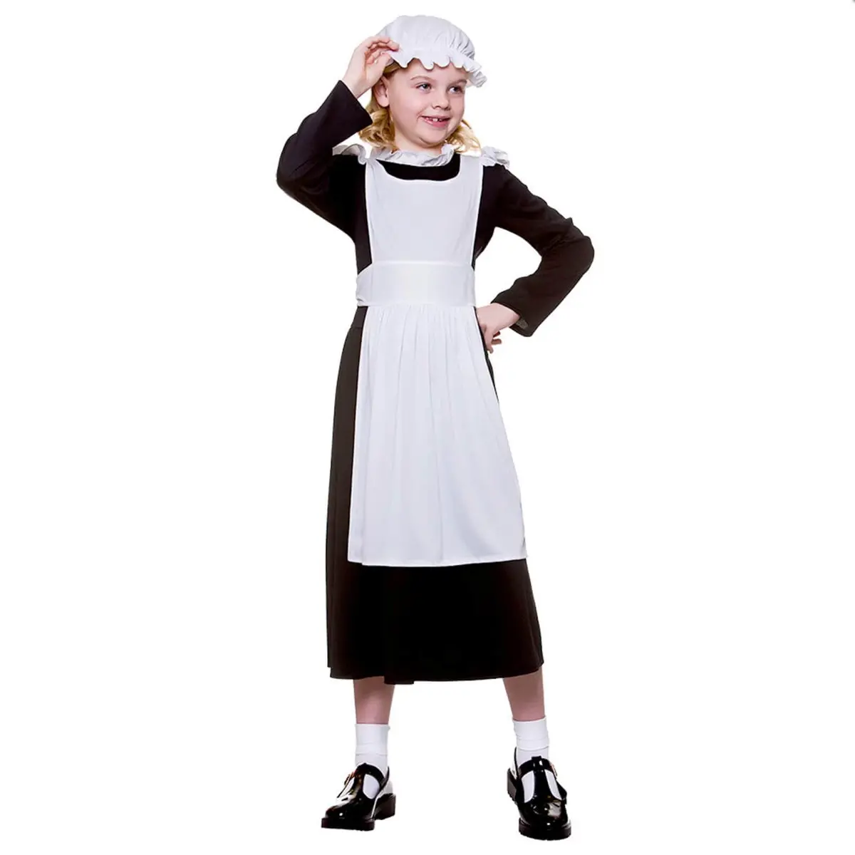 Girls Victorian Maid Costume Black Dress White Apron Mop Hat 1