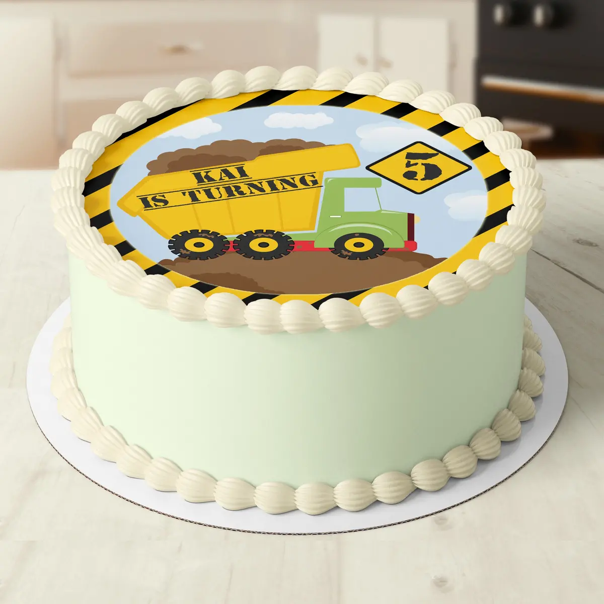 Dump Truck Construction Pre-Cut Round Edible Icing Cake Topper 1