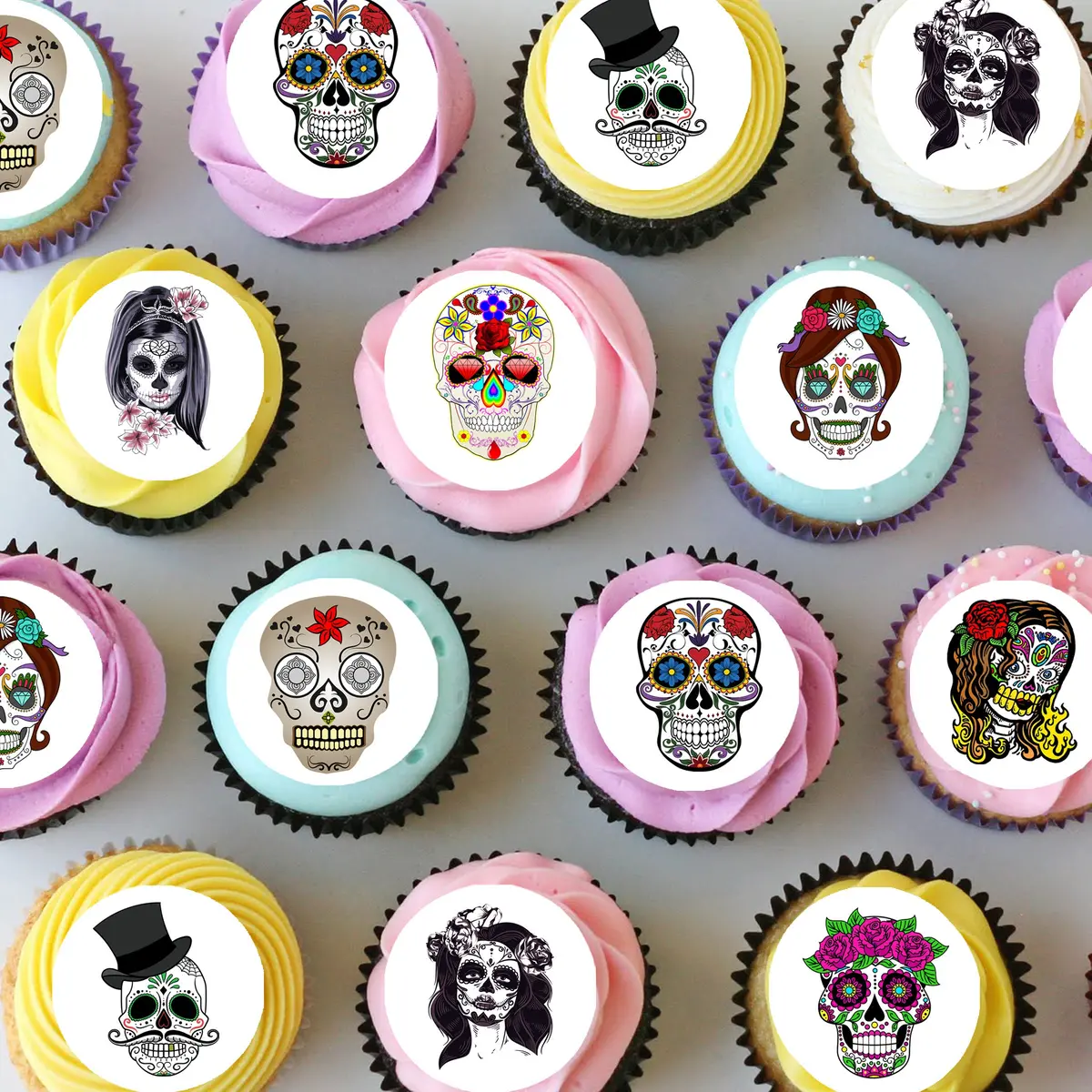 Sugar Skulls Pre-Cut Mini Edible Cupcake Or Cookie Toppers 1