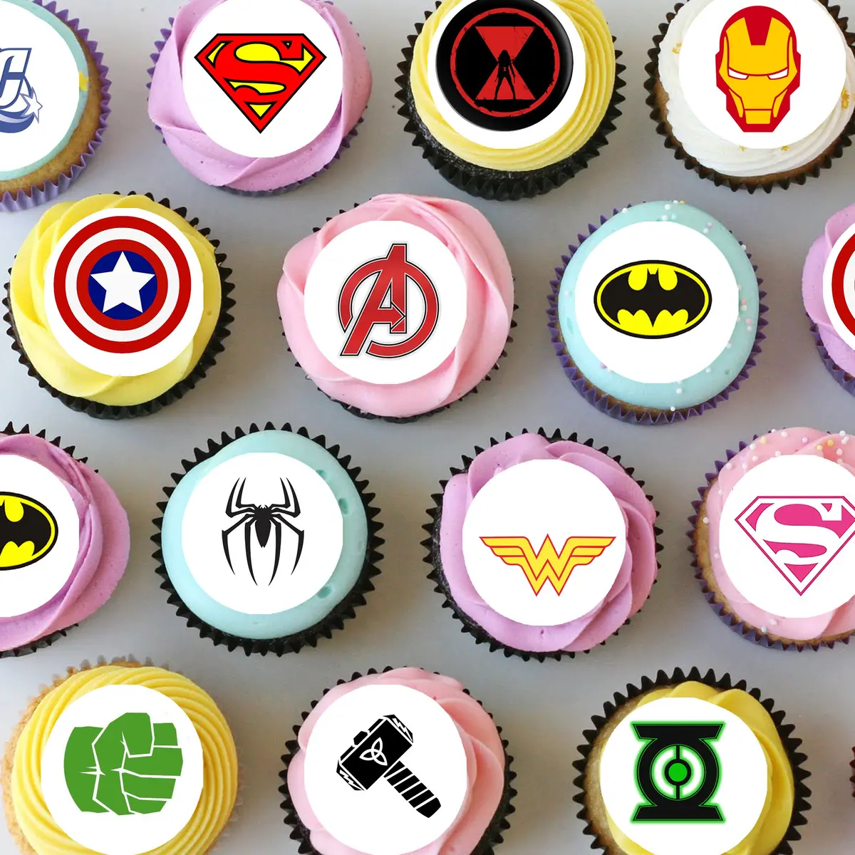 Superhero Logo Pre-Cut Mini Edible Cupcake Or Cookie Toppers 1