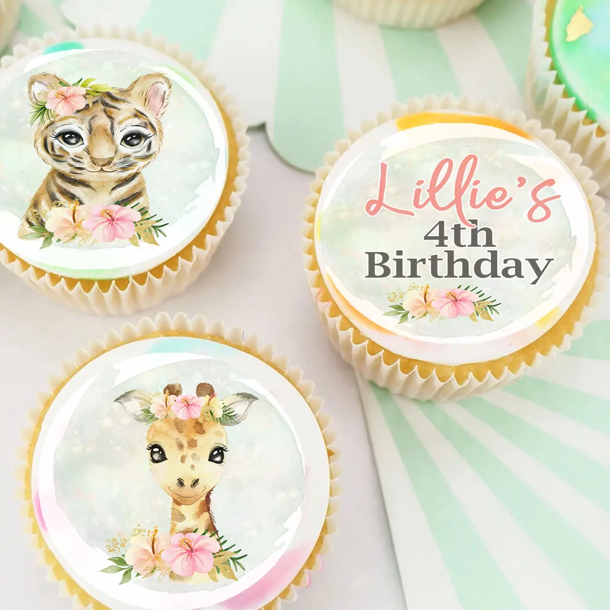 Jungle Animal Safari Pre-Cut Edible Icing Cupcake Or Cookie Toppers 1