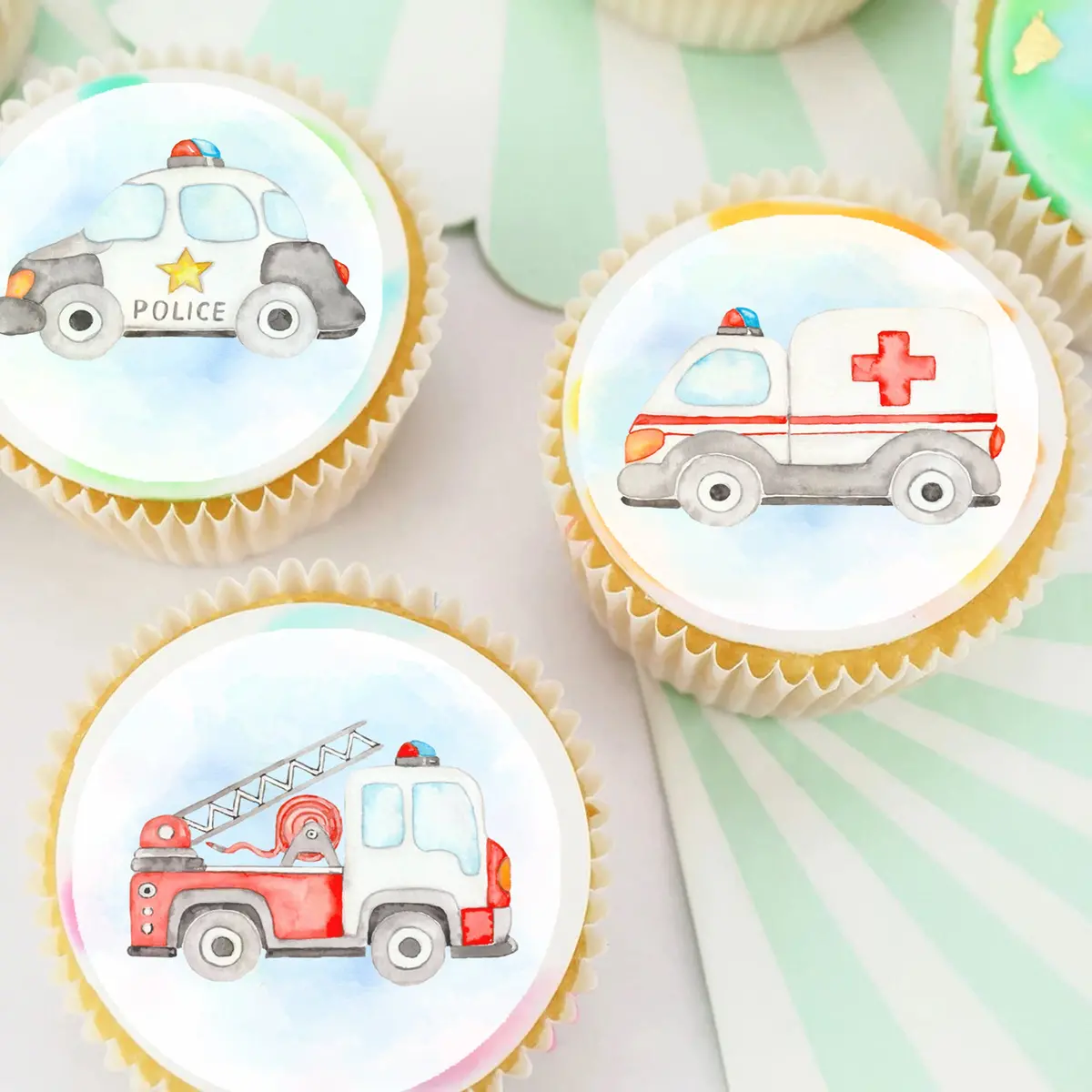 Emergency Vehicles Pre-Cut Edible Icing Cupcake Or Cookie Toppers 1