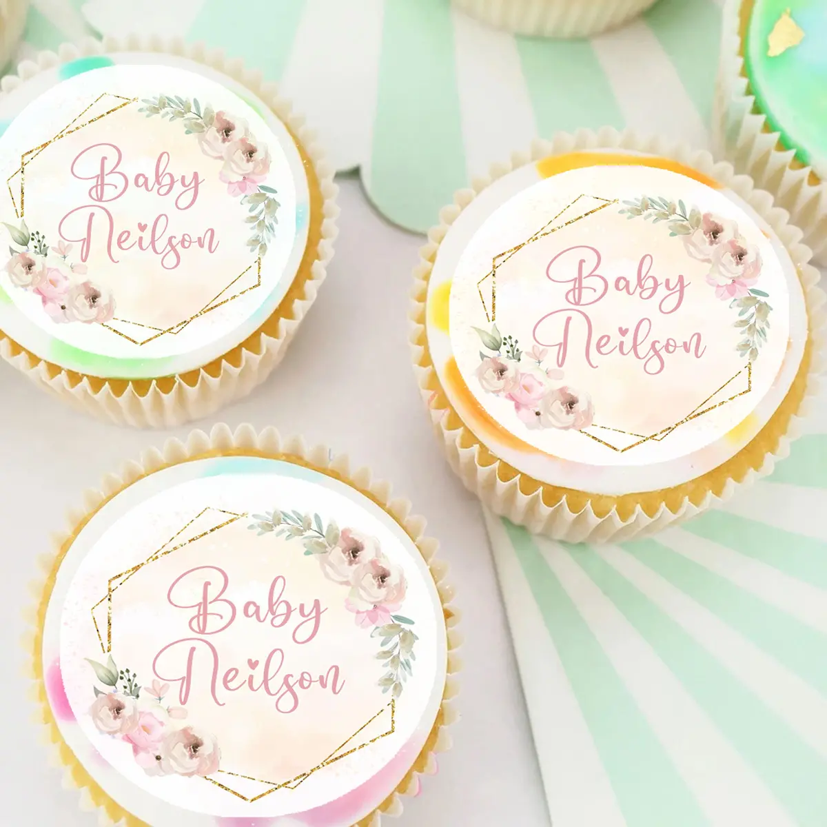 Baby Girl Floral Shower Pre-Cut Edible Cupcake Or Cookie Toppers 1
