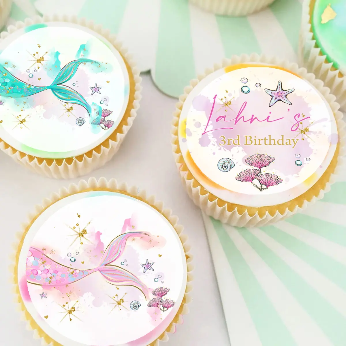 Mermaid Tails Under The Sea Pre-Cut Edible Icing Cupcake Or Cookie Toppers 1