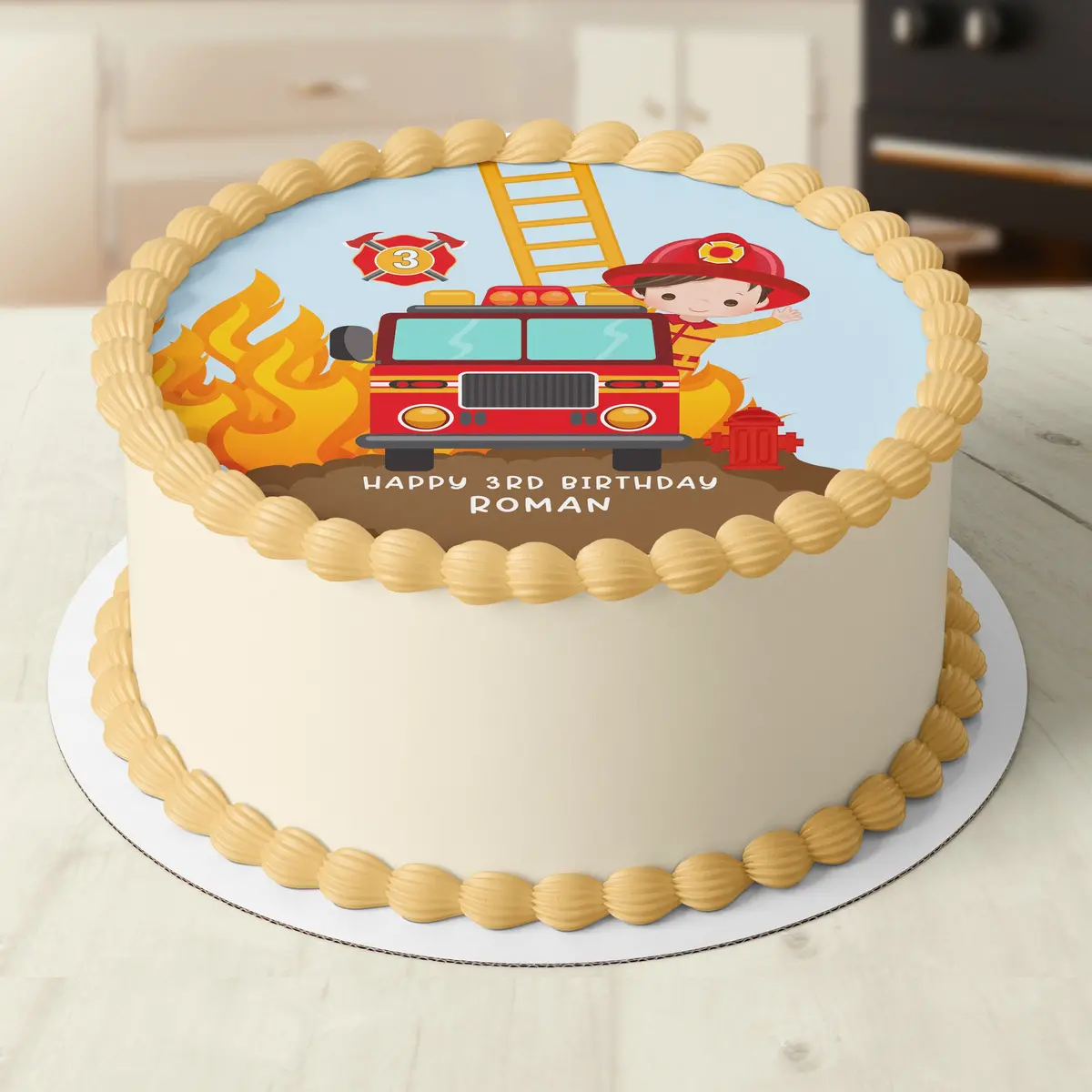 Fireman Firetruck Pre-Cut Round Edible Icing Cake Topper 1