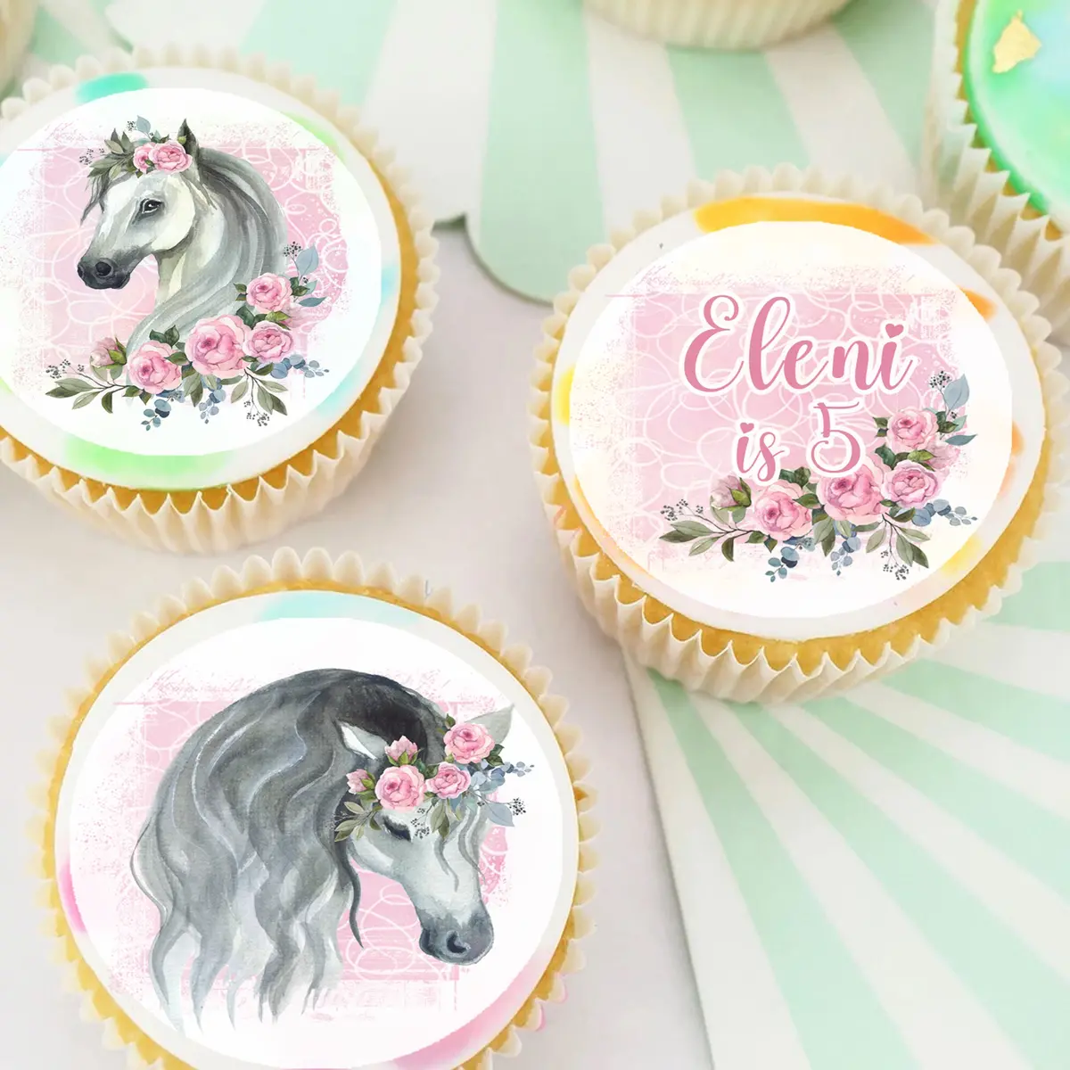 Floral Flower Horse Pre-Cut Edible Icing Cupcake Or Cookie Toppers 1