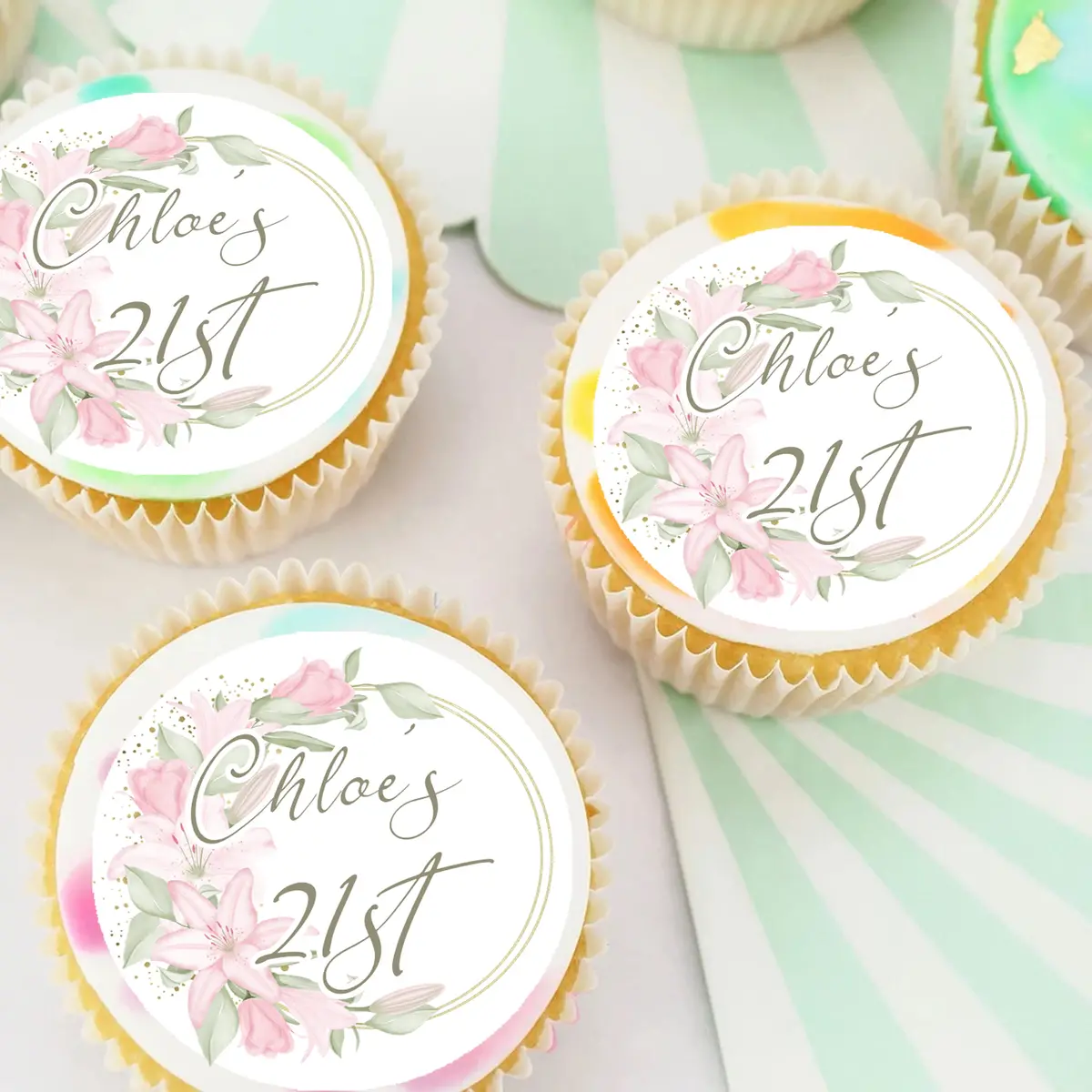 Floral Wreath Birthday Pre-Cut Edible Cupcake Or Cookie Toppers 1