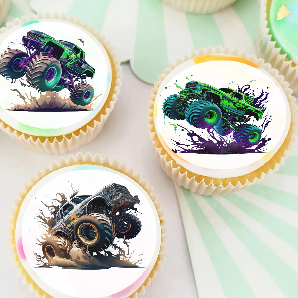 Monster Trucks Pre-Cut Edible Cupcake Or Cookie Toppers 1