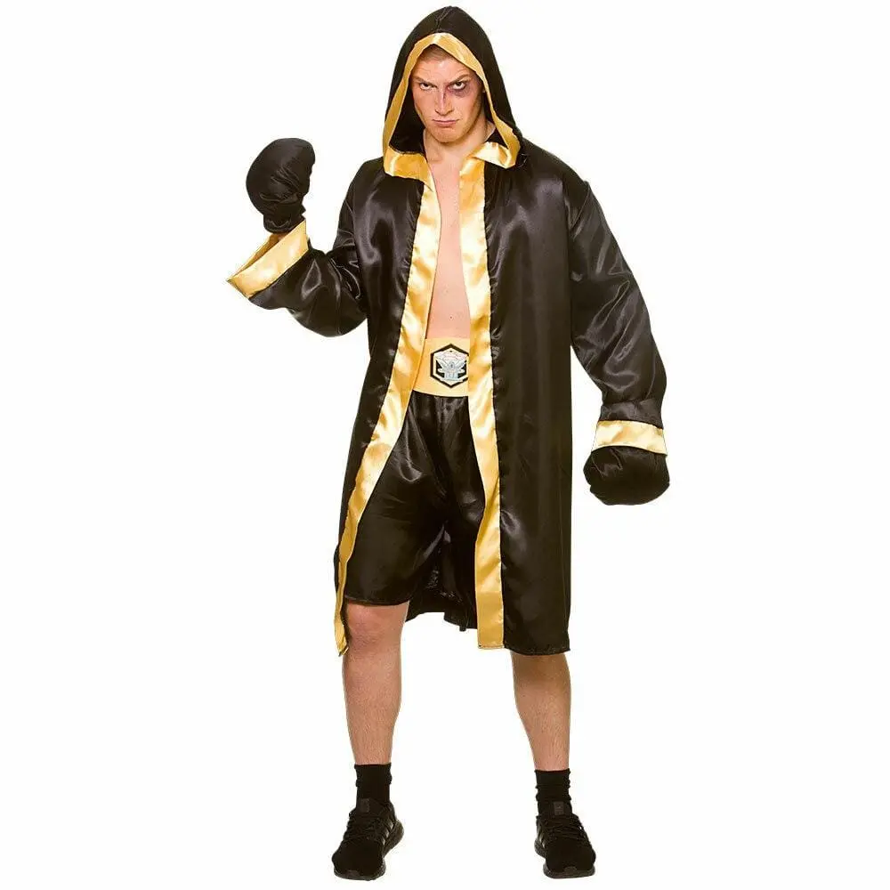 Champion Boxer Mens Fancy Dress Costume Hooded Robe Gloves 1