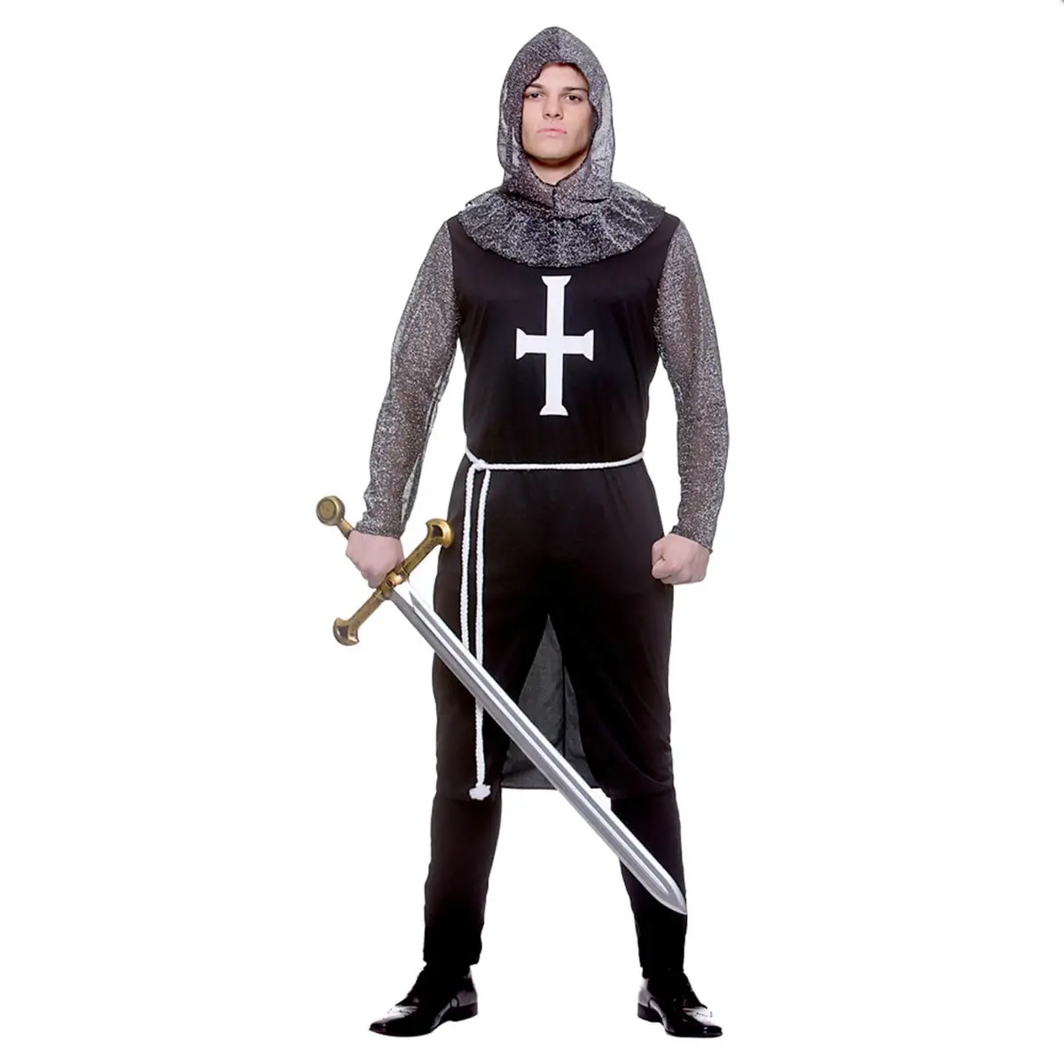 Mens Medieval Black Knight Costume Tunic Chain Mail Hood Belt 1