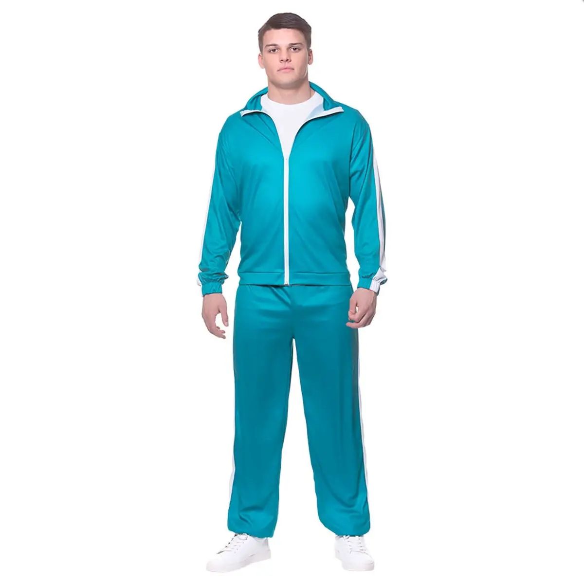 Adults Teal Tracksuit White Stripe Jogging Fancy Dress Costume 1
