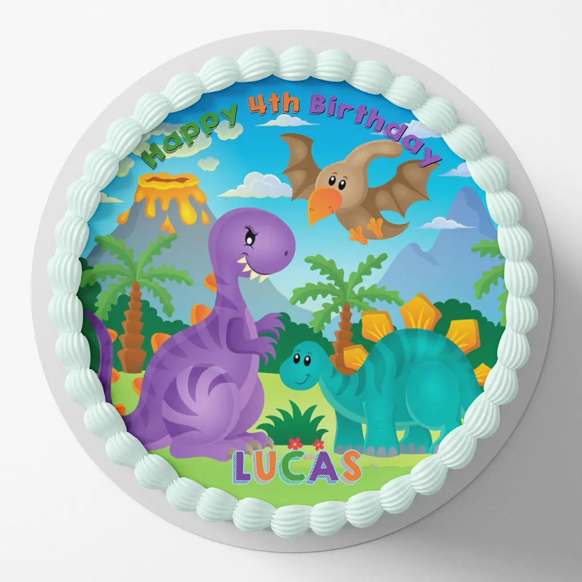 Dinosaur Cute Colourful Pre-Cut Round Edible Cake Topper 1