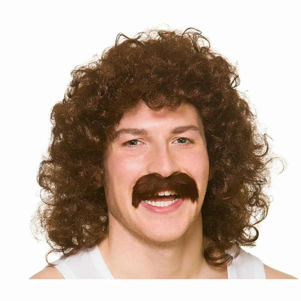 Brown Perm Wig With Tash Scouser 70S Fancy Dress Hair 118 1