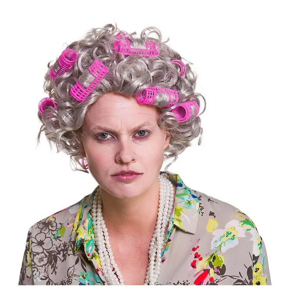 Granny Wig With Rollers Grey Hair Fancy Dress Halloween 1