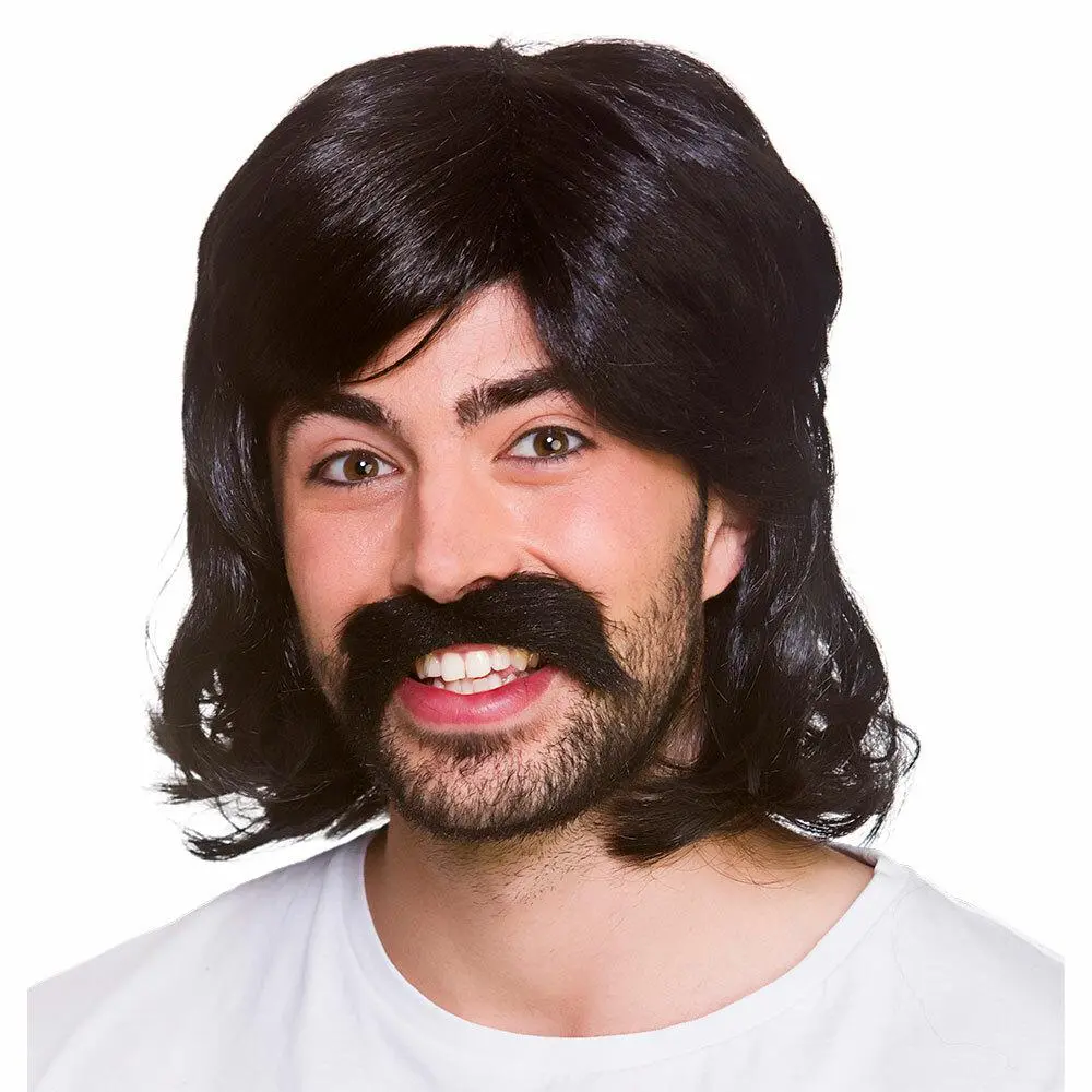 1970S Cool Guy Wig & Tash Black Hair Fancy Dress Halloween 1
