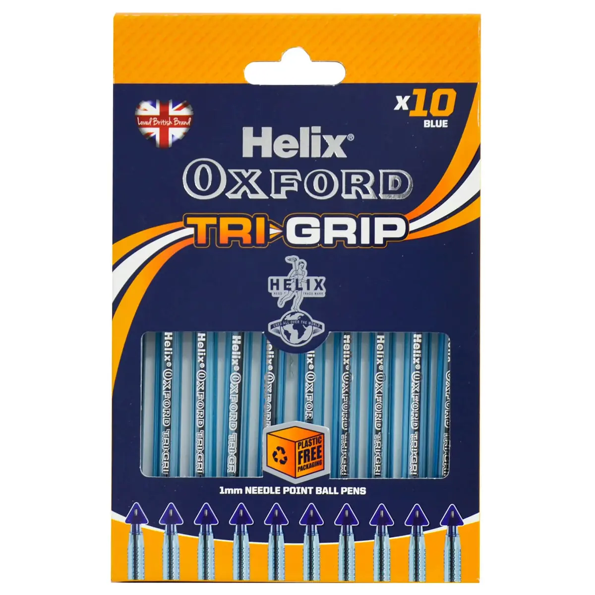 Pack Of 10 Blue Ink Tri-Grip Ball Pens Helix Oxford 1Mm Needle Point 1