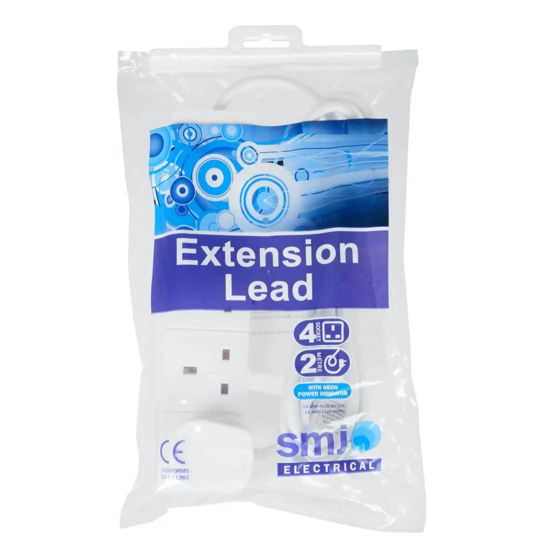 4 Socket 2M Cable Extension Lead White With Neon 13 Amp 3120W 1