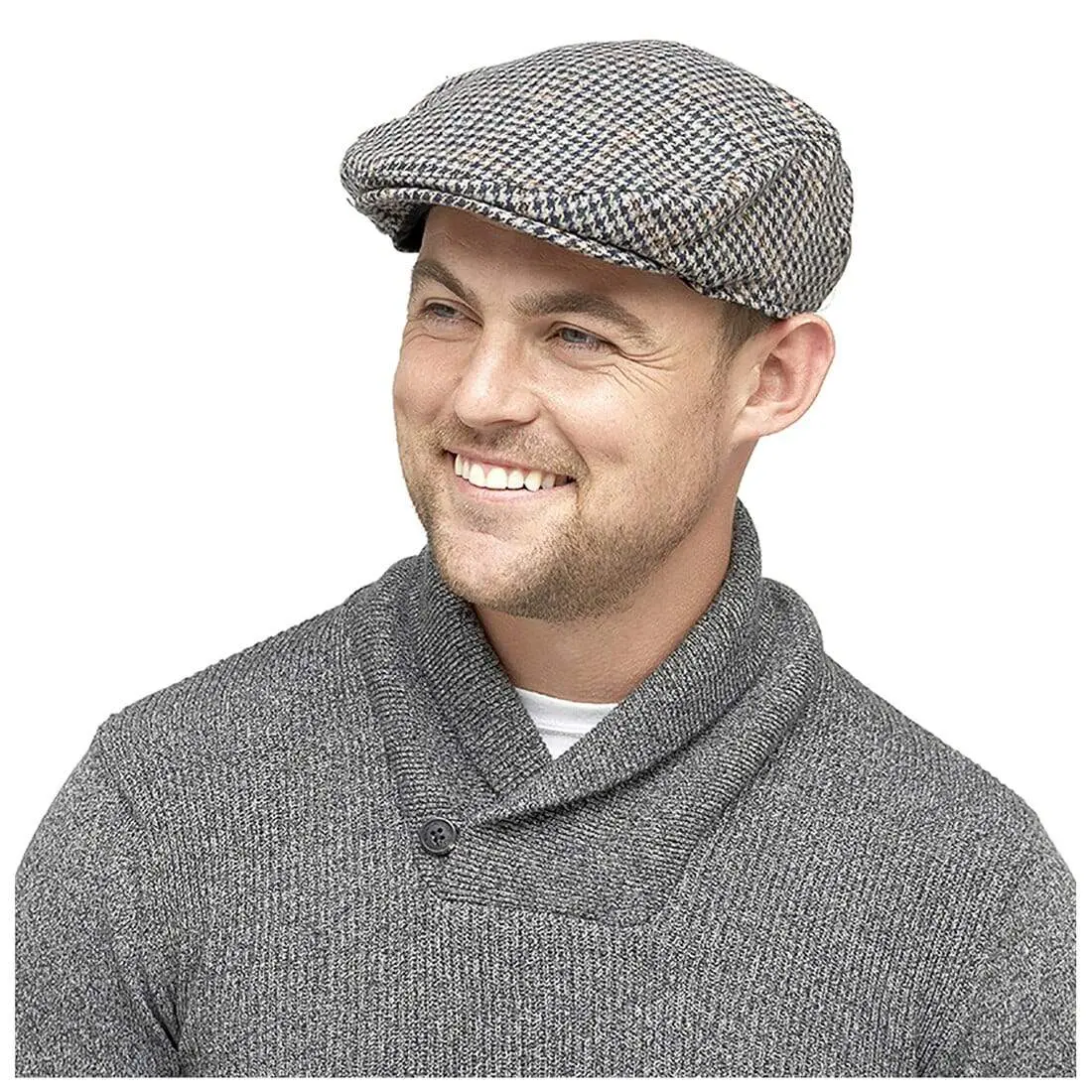 Mens Flat Cap Houndstooth Check Wool Blend Winter Hat 1