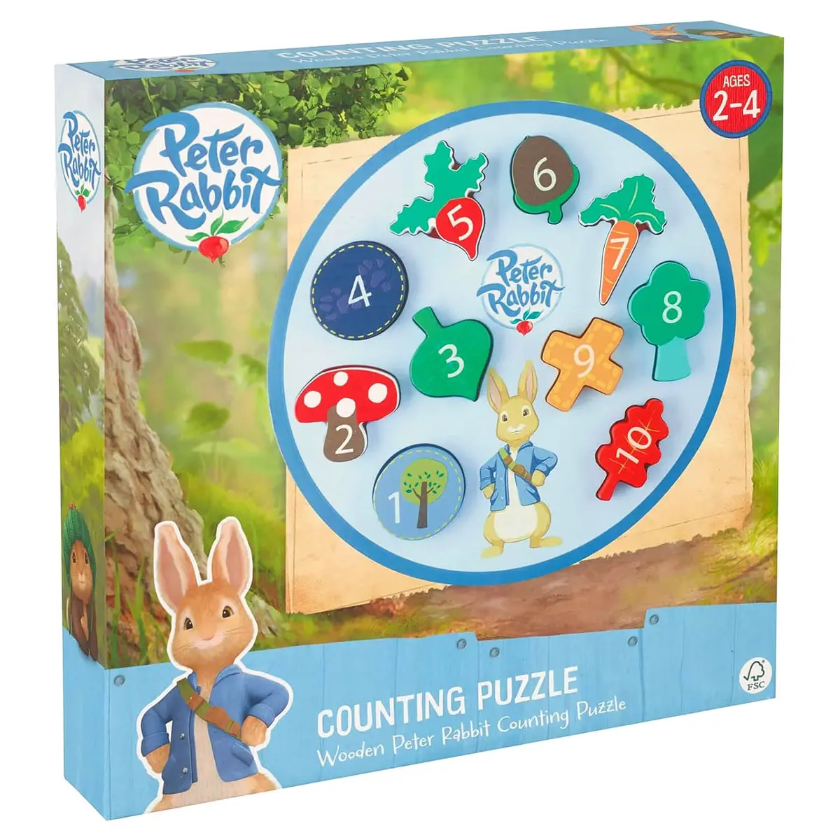 Wooden Peter Rabbit Counting Puzzle Shape Sorter Toy Leaves Veg 1
