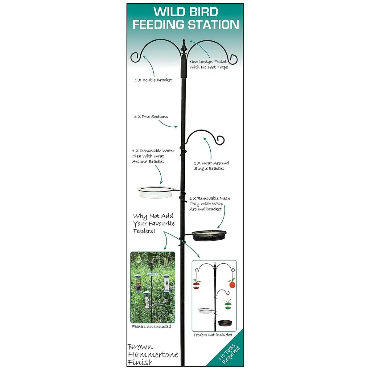 Wild Bird Feeding Station 3 Feeder Brackets Tray Water Dish 2M 1