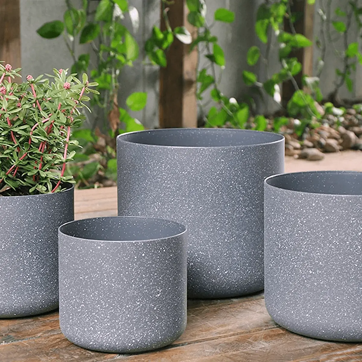 Set Of 4 Plant Pots Sandstone Effect Grey Plastic 14-22Cm 1