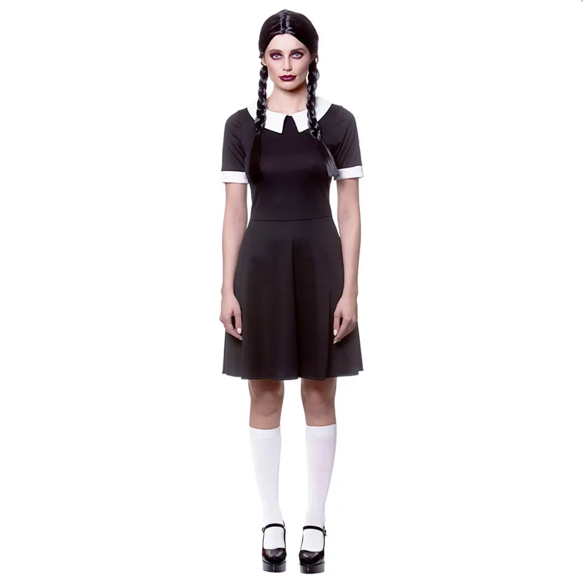 Womens Creepy School Girl Black Dress Wednesday Addams Costume 1