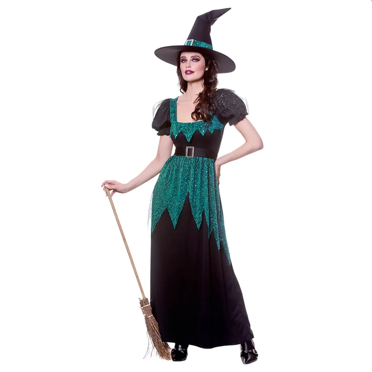 Womens Emerald Witch Costume Sequin Green Black Dress Hat Belt 1