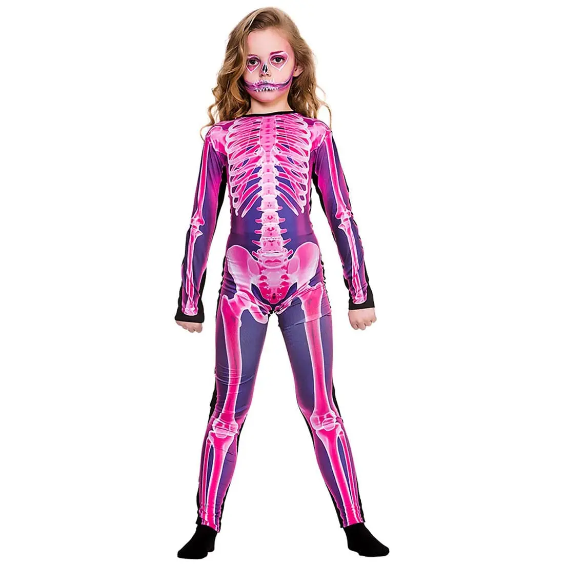 Kids X-Ray Jumpsuit Pink Skeleton Purple Fancy Dress Costume 1