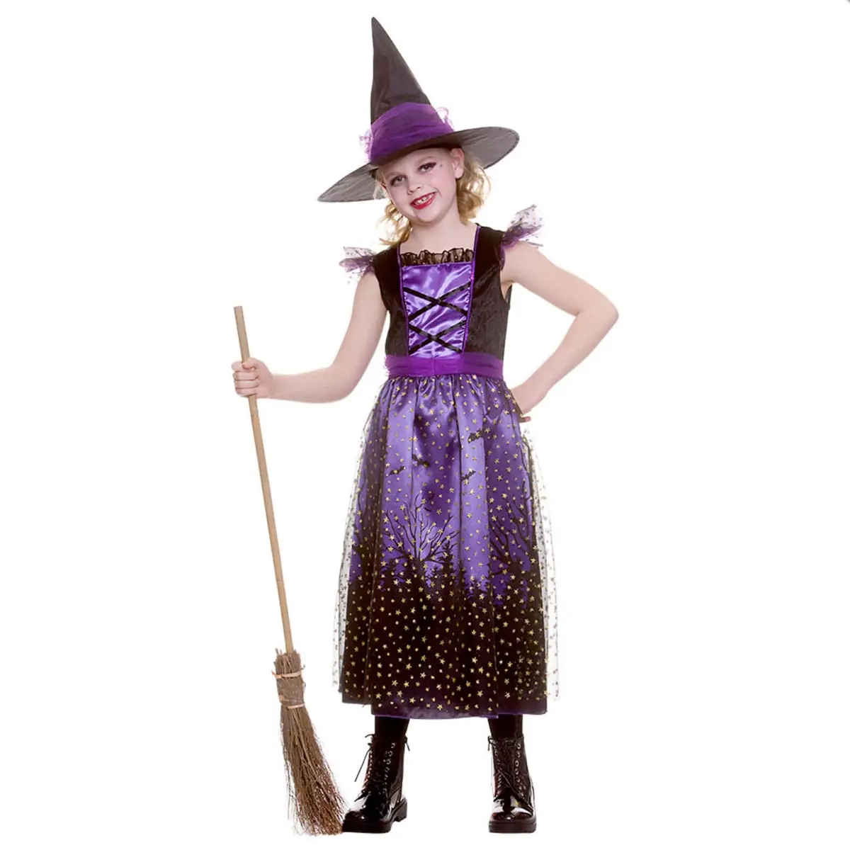 Girls Deluxe Enchanting Witch Costume Black Purple Dress Hat 1