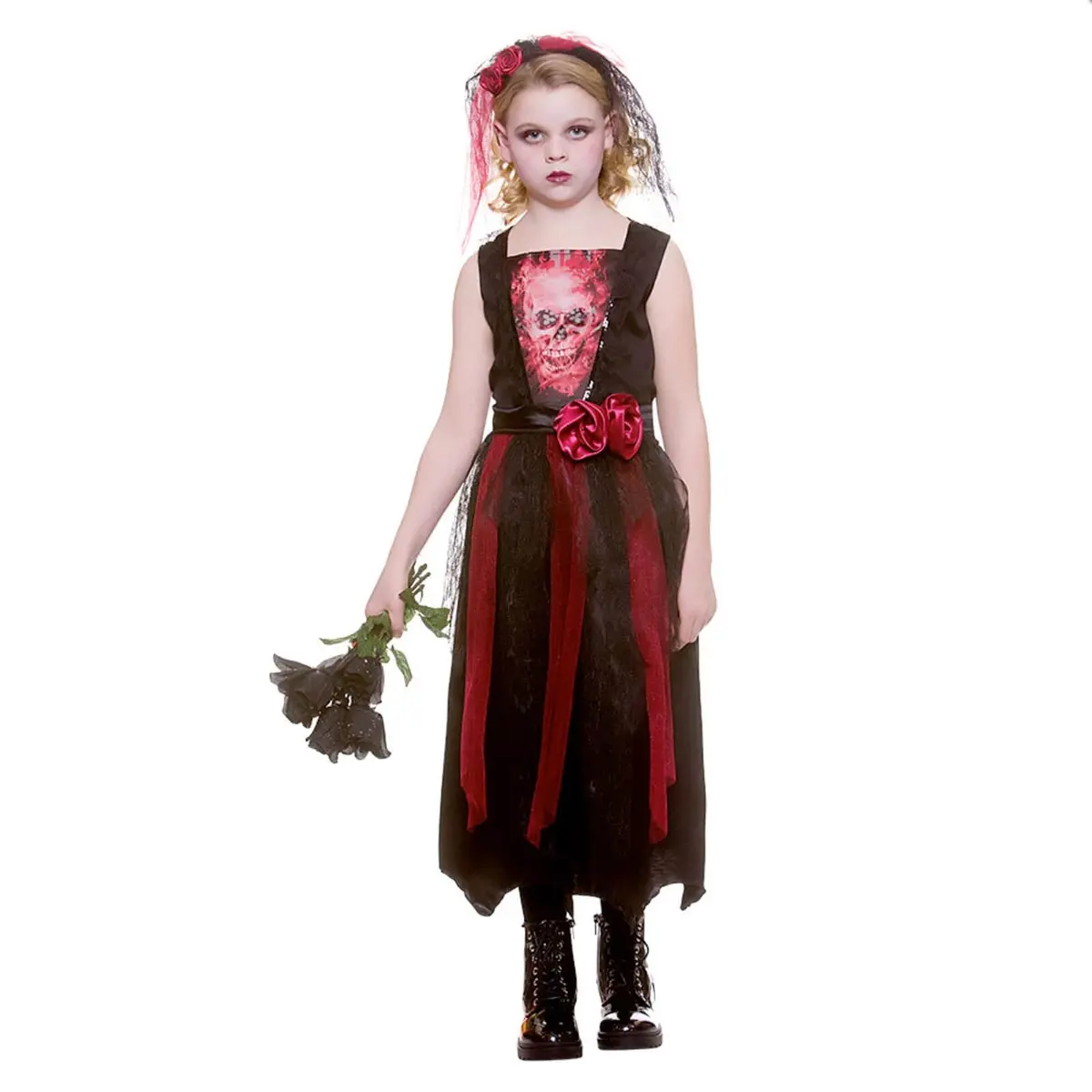 Girls Bride Of The Dead Costume Black Red Dress Roses Veil 1