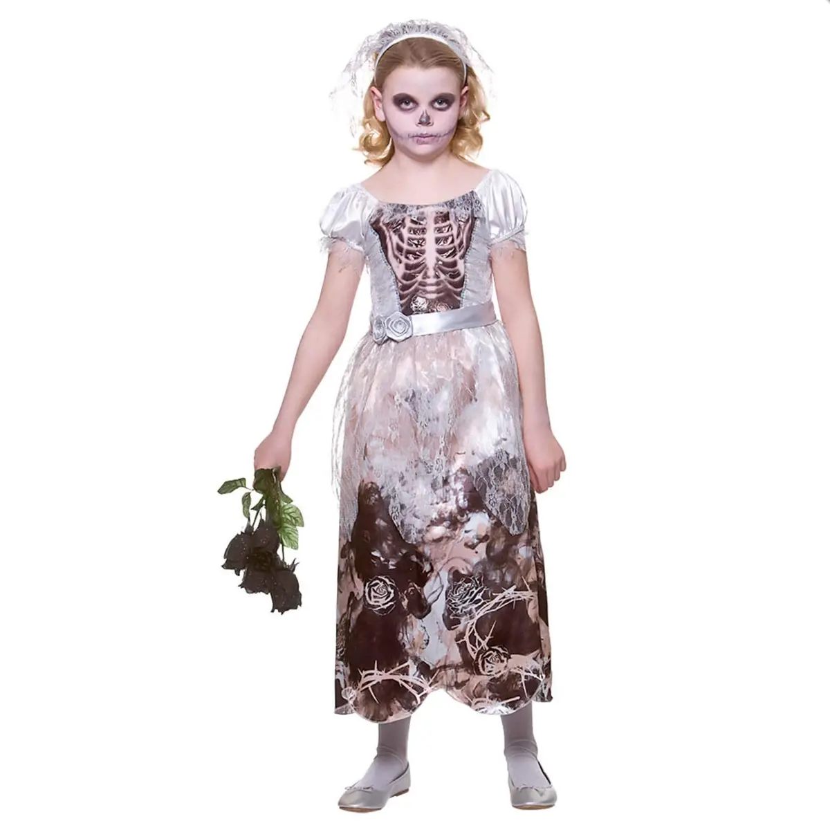 Girls Skeleton Bride Costume Dress Veil Silver Rose Belt 1