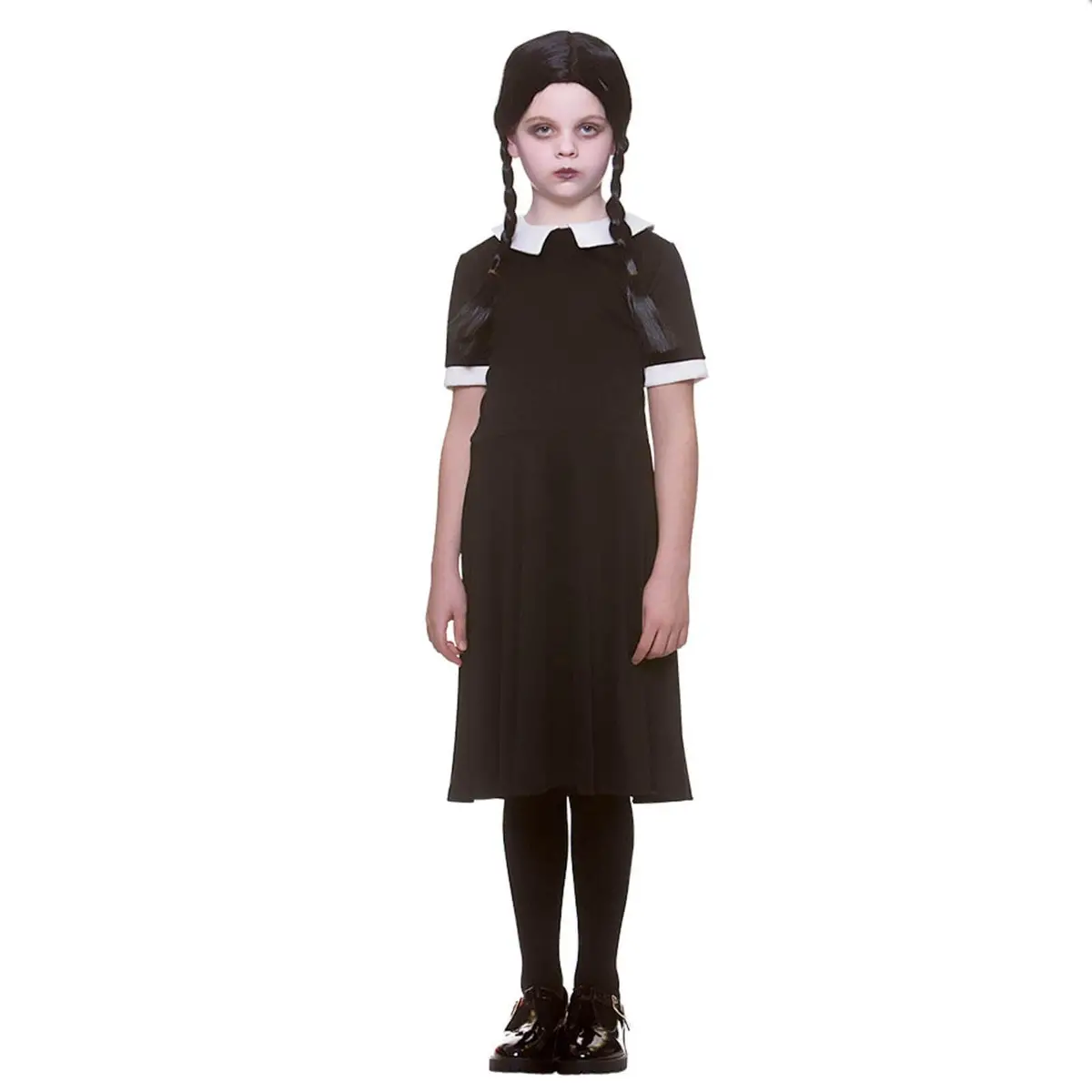 Girls Creepy School Girl Dress & Wig Wednesday Addams Costume 1