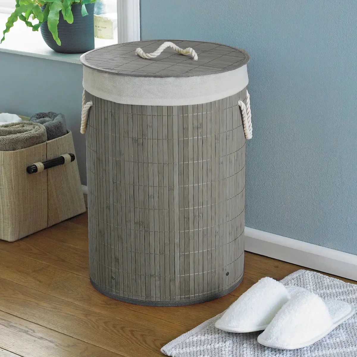 Round Natural Bamboo Laundry Basket Eco Friendly Hamper 50Cm 1