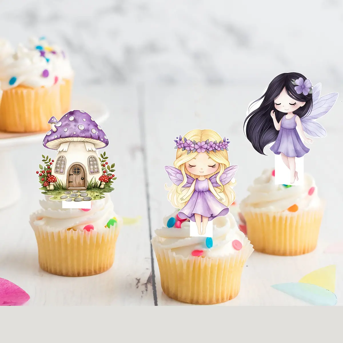 Purple Fairies Pre-Cut Edible Stand-Up Wafer Card Cupcake Toppers 1