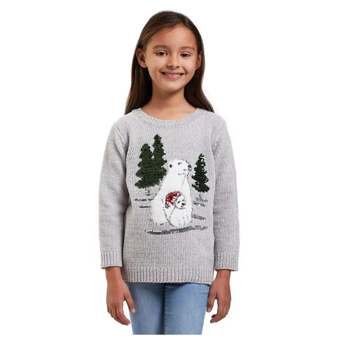 Girls Christmas Jumper Polar Bear Grey Chenille Xmas Top 1