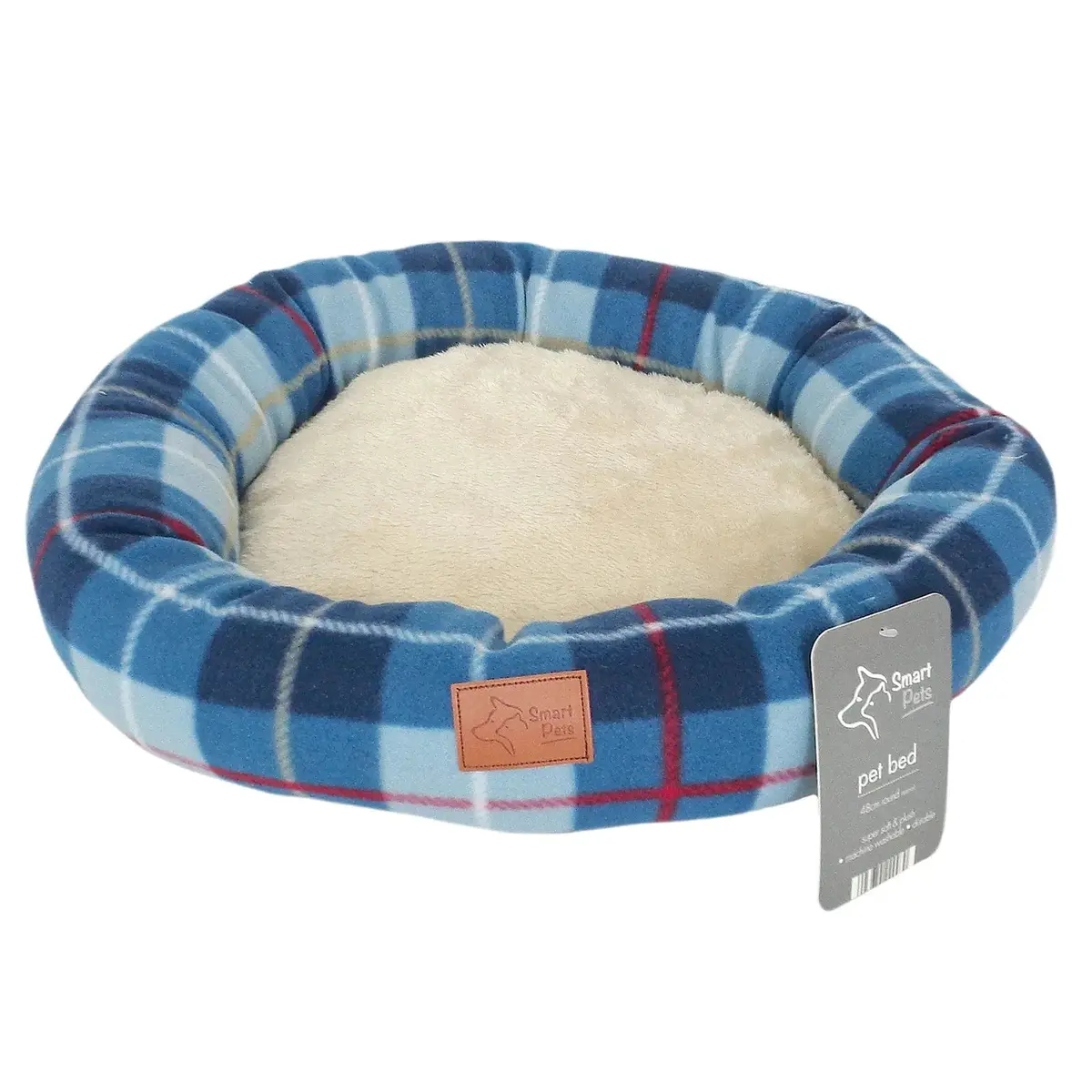 Round Pet Bed Dog Cat Cushion Tartan Fleece Check Pattern 48Cm 1