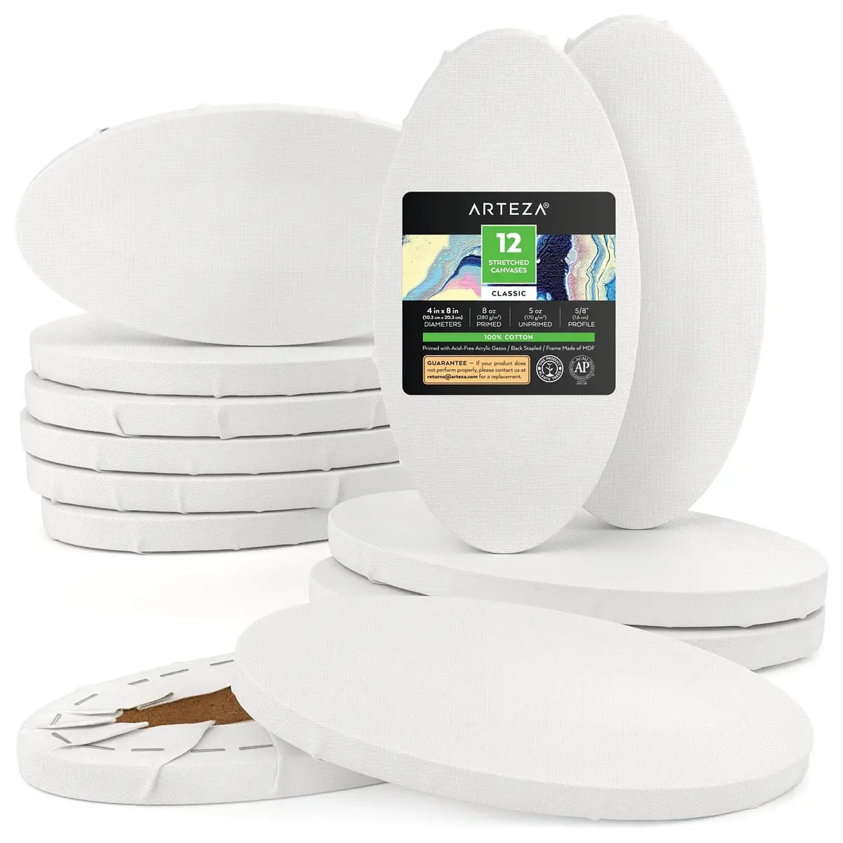 Arteza Classic Oval Stretched Canvas Pack Gesso Primed White 1