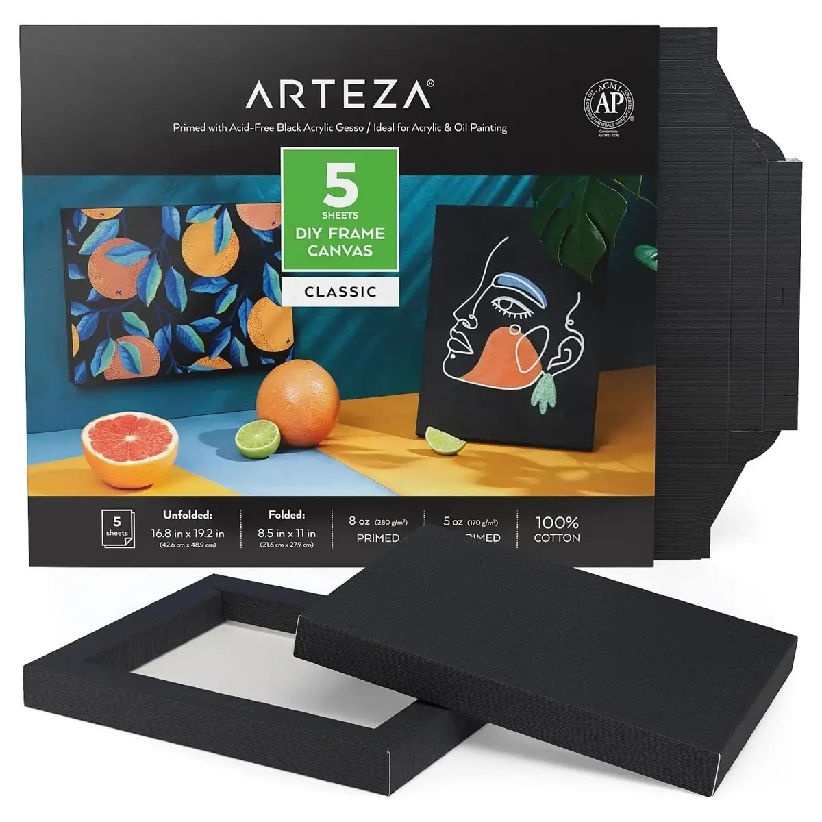 Arteza Classic Diy Frame Canvas 100% Cotton Black 5 Sheets Primed 1