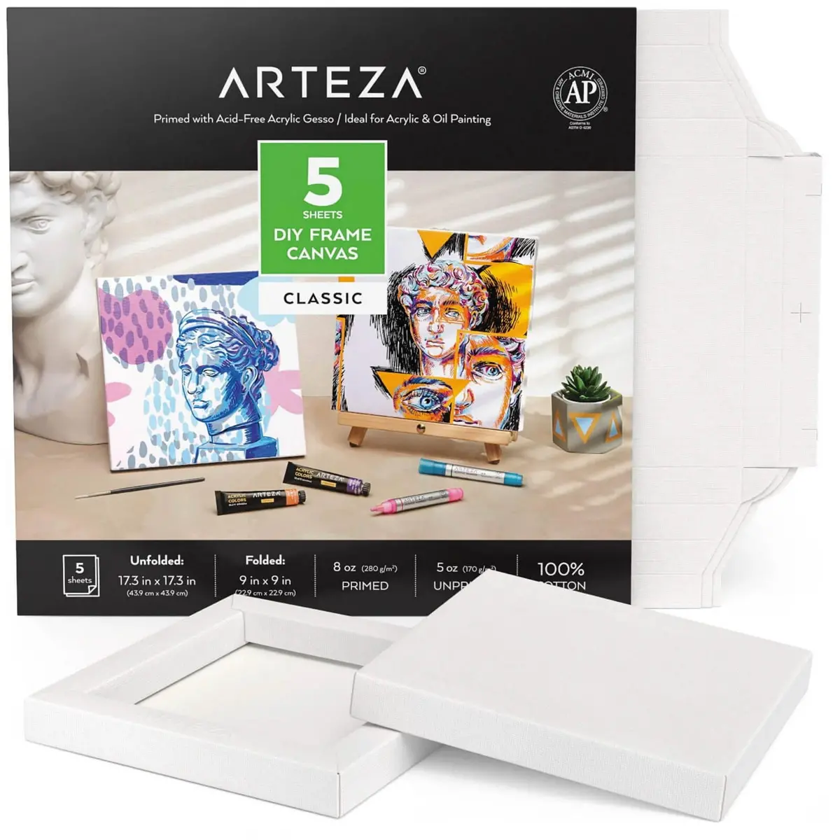 Arteza Diy Frame Canvas 5 Sheets White Cotton Primed 44 X 44Cm 1
