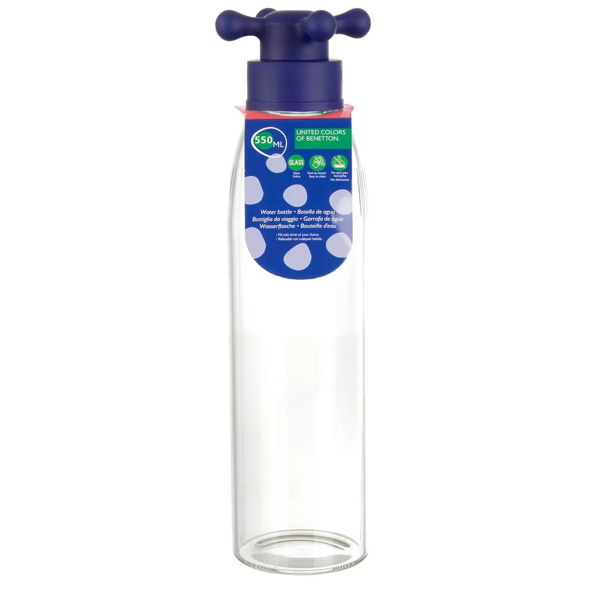 Benetton Water Bottle Borosilicate Glass Tap Handle Top 550Ml 1