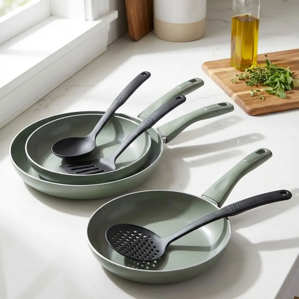 Set Of 3 Frying Pans With 3 Utensils Aluminium Non-Stick Green 1