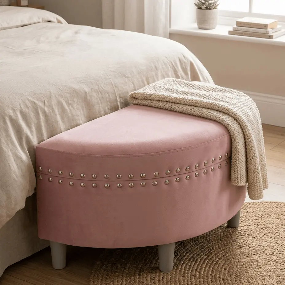 Half Moon Storage Ottoman Velvet Round Padded Seat 1